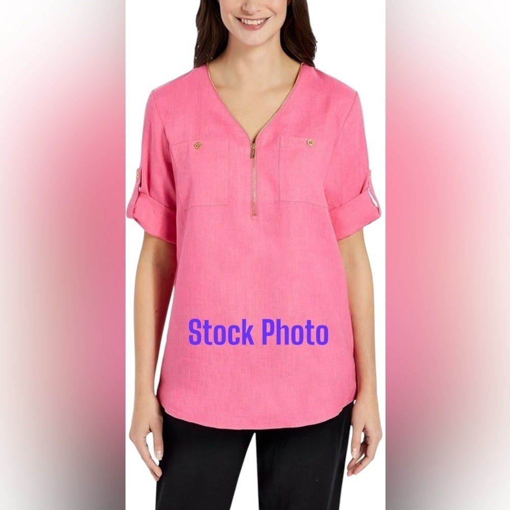 EUC Ellen Tracy Linen Fuchsia Tunic 1 x missing a button on pocket Saks 5th Ave